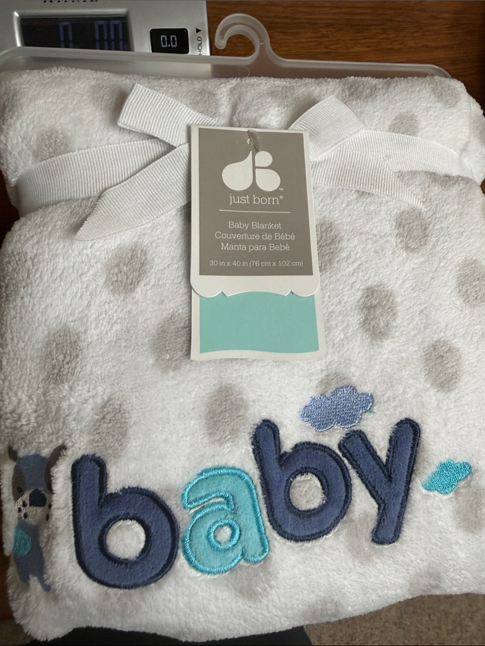 Just Born White & Blue Baby Blanket with Blue 'baby' Embroidery